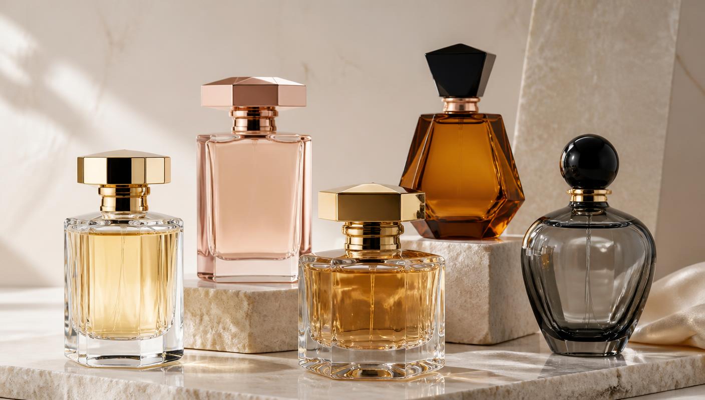 A collection of elegant perfume bottles displayed on pale stone