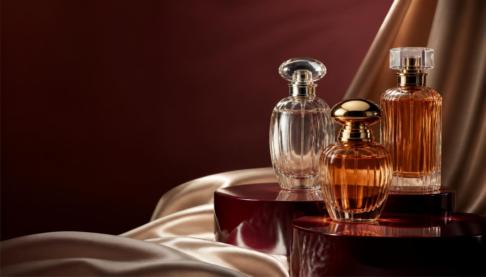 Amber perfume bottles arranged on burgundy lacquer and silk